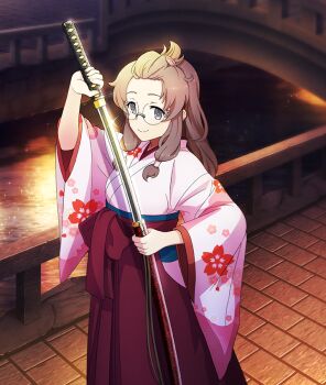 Rule 34 | 1girl, bangs pinned back, brick road, bridge, brown hair, closed mouth, drawing sword, floral print, floral print kimono, forehead, fukuda sawano, game cg, glint, hakama, holding, holding sheath, holding sword, holding weapon, japanese clothes, kimono, long hair, long sleeves, looking at viewer, low-tied long hair, night, official art, outdoors, pink kimono, print kimono, purple eyes, railing, red hakama, reflection, reflective liquid, river, sheath, sideways glance, smile, solo, sparkle, sword, taishou, third-party source, toji no miko, toji no miko: kizamishi issen no tomoshibi, unsheathing, weapon, wide sleeves