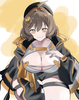 1girl absurdres ahoge anis_(nikke) beret black_hat black_shorts breasts brown_hair cat_hair_ornament cleavage closed_eyes commentary_request goddess_of_victory:_nikke hair_ornament hat highres jacket kasuga_kaya korean_commentary large_breasts medium_hair short_shorts shorts sitting smile solo thick_thighs thighs yellow_eyes yellow_jacket
