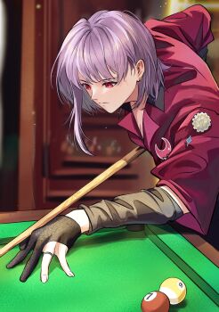 1girl absurdres ball bang_dream! bang_dream!_it&#039;s_mygo!!!!! billiard_ball billiards black_arm_warmers black_gloves blurry blurry_background breasts chinese_commentary cleavage closed_mouth commentary_request cue_stick earrings flower_earrings gloves hero45439083942 highres jewelry light_particles medium_hair partially_fingerless_gloves pool_table purple_hair red_eyes red_shirt ring shirt single_sidelock solo table yuutenji_nyamu
