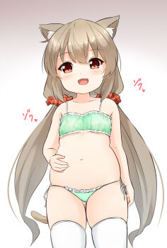 Rule 34 | 1girl, animal ear fluff, animal ears, arm at side, bikini, blush, brown background, brown hair, cat girl, commentary request, cowboy shot, gradient background, green bikini, hair between eyes, hair ornament, hair scrunchie, hand on own stomach, highres, koruri-chan (sora), long hair, looking at viewer, navel, open mouth, original, plump, red eyes, red scrunchie, scrunchie, simple background, solo, sora (silent square), straight-on, swimsuit, tail, tareme, thick thighs, thighhighs, thighs, translation request, twintails, white background, white thighhighs