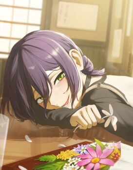 1girl absurdres black_choker chainsaw_man choker flower green_eyes hair_between_eyes hair_bun highres holding leaf long_hair_between_eyes long_sleeves open_mouth petals pink_flower plant purple_hair red_flower reze_(chainsaw_man) shirt shirt_tucked_in single_hair_bun smile waligner white_flower yellow_flower