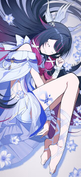 1girl absurdres black_hair blush closed_eyes closed_mouth columbina_(genshin_impact) commentary_request dress feathered_wings flower full_body genshin_impact hair_ribbon head_wings highres kabu_xblezzz long_hair long_sidelocks lying mask multicolored_hair multiple_wings nail_polish on_side pink_hair ribbon sidelocks smile solo toenail_polish toenails very_long_hair white_dress white_mask white_ribbon white_wings wings