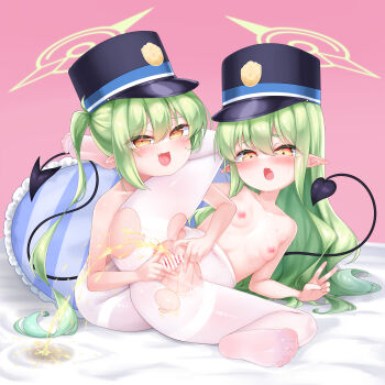 2girls absurdres bar_censor blue_archive blush breasts censored demon_girl demon_tail fang feet green_hair hair_between_eyes halo hat highres hikari_(blue_archive) incest kaede_haya_(lo0831lo) loli long_hair multiple_girls nipples nozomi_(blue_archive) open_mouth pantyhose pee peeing pillow pointy_ears pussy siblings sisters small_breasts soles spread_legs spread_pussy tail thighband_pantyhose toes torn_clothes torn_pantyhose twins v variant_set white_pantyhose yellow_eyes