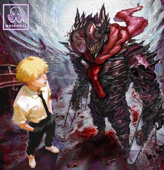 1boy black_necktie black_pants blood bloody_weapon chainsaw chainsaw_devil chainsaw_man collared_shirt commentary denji_(chainsaw_man) english_commentary highres intestine_clothing intestines maskoo185826 necktie no_eyes pants sharp_teeth shirt shirt_tucked_in sleeves_rolled_up split_head teeth weapon white_shirt