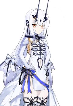 1girl blush capelet dragon_wings dress elbow_gloves fate/grand_order fate_(series) gloves hair_ribbon highres horns long_hair looking_at_viewer melusine_(celebratory_attire)_(fate) melusine_(fate) nicho ribbon showgirl_skirt sidelocks solo thighhighs white_capelet white_dress white_gloves white_hair white_thighhighs wings yellow_eyes