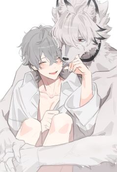 2boys animal_ear_fluff animal_ears blush closed_eyes collarbone collared_shirt commentary commentary_request crossed_bangs doseisanbl double-parted_bangs english_commentary finger_in_another's_mouth fingernails furry furry_male furry_with_non-furry grey_hair highres interspecies long_sleeves looking_at_another male_focus mixed-language_commentary multiple_boys open_clothes open_mouth open_shirt own_hands_together parted_bangs sharp_fingernails shirt simple_background sitting sleeve_cuffs smile topless_male von_lycaon white_background white_hair white_shirt wing_collar wise_(zenless_zone_zero) wolf_boy yaoi zenless_zone_zero