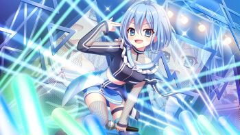 1girl above-cleavage_cutout asymmetrical_legwear bent_over blue_eyes blue_hair blue_skirt breasts clothing_cutout collarbone concert crop_top dot_nose film_grain fishnet_thighhighs fishnets from_below game_cg hand_up holding holding_microphone idol idol_clothes izumi_tsubasu large_breasts laser lens_flare microphone midriff mismatched_legwear nakano_rinka non-web_source official_art open_mouth pointing pointing_at_self re:stage! screen short_hair single_bare_shoulder single_off_shoulder skirt smile solo sparkle stage_lights thigh_strap thighhighs