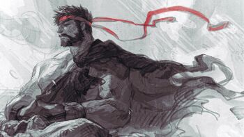 1boy absurdres beard cape closed_eyes closed_mouth commentary_request facial_hair gloves headband highres male_focus marumaru1902 muscular muscular_male o-ring own_hands_together pants profile red_headband ryu_(street_fighter) short_hair sketch solo spot_color street_fighter street_fighter_6 torn_cape torn_clothes