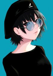 Rule 34 | 1girl, absurdres, amagami, aqua background, beret, bespectacled, black hair, black hat, black shirt, breasts, brown eyes, casual, close-up, clothes writing, commentary, expressionless, from side, glasses, hair between eyes, hat, highres, lips, long sleeves, looking at viewer, medium breasts, nanasaki ai, oshizu, parted lips, portrait, round eyewear, shirt, short hair, simple background, solo