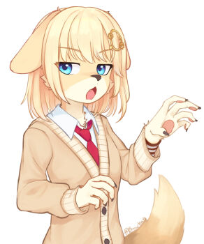 1girl animal_ears blonde_hair blue_eyes bob_cut brown_nails cardigan collared_shirt dog_ears dog_girl dog_tail fang fingernails furrification furry furry_female hair_ornament hands_up hololive hololive_english jacket jitome long_fingernails long_sleeves looking_at_viewer medium_hair monsterification necktie open_mouth red_necktie shirt simple_background solo tail upper_body virtual_youtuber watson_amelia white_background white_shirt wing_collar yoako
