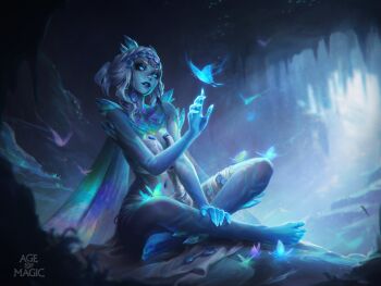 Rule 34 | 1girl, age of magic, aleksandra alekseeva, blue eyes, blue skin, breasts, bug, butterfly, cave, character request, cleavage, colored skin, earrings, fairy, hair ornament, highres, insect, jewelry, medium hair, navel, solo, white hair, wings