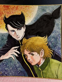 2boys black_hair black_jacket blue_eyes brothers brown_hair closed_mouth commentary_request dark_cat_(manga) fingernails gakuran green_jacket highres jacket kagezaki_hyoui kagezaki_rui kimura_naomi long_hair looking_at_viewer looking_back low-tied_long_hair male_focus medium_hair multiple_boys official_artist_extra painting_(medium) pointy_ears school_uniform sharp_fingernails siblings traditional_media turning_head