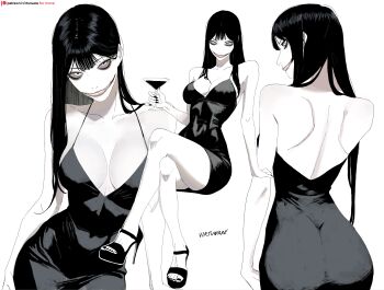 1girl absurdres arm_support back black_hair black_shoes breasts cleavage cocktail_glass commentary contrapposto covered_navel crossed_legs cup dress drinking_glass glasgow_smile grin halterneck high_heels highres invisible_chair japanese_urban_legends kuchisake-onna large_breasts long_hair narrow_waist shoes short_dress shoulder_blades signature sitting smile stiletto_heels taut_clothes taut_dress virtuware watermark web_address
