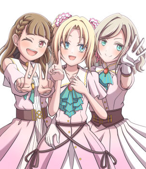 3girls ;d aqua_ascot aqua_eyes ascot bare_shoulders blonde_hair blue_eyes braid brown_hair center-flap_bangs ceras_yanagida_lilienfeld clothing_cutout coat_dress collarbone commentary_request cowboy_shot curtained_hair double_v dream_believers dress elbow_gloves fang finger_counting flower fold-over_gloves ganbarai gloves grey_hair hair_flower hair_ornament hair_ribbon highres ichigo_123_(love_live!) index_finger_raised kachimachi_kosuzu link!_like!_love_live! long_sleeves looking_at_viewer love_live! middle_w multiple_girls official_alternate_costume one_eye_closed open_mouth osawa_rurino parted_bangs pink_dress pink_eyes pink_flower pink_ribbon pleated_dress puffy_long_sleeves puffy_sleeves ribbon short_sleeves shoulder_cutout side_braids simple_background smile twintails v virtual_youtuber w wavy_hair white_background white_gloves