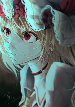 1girl absurdres blonde_hair choker commentary flandre_scarlet from_side hair_between_eyes hat highres looking_to_the_side medium_hair mob_cap parted_lips red_choker red_eyes red_vest shirt signature slit_pupils smile solo t_terano touhou vest watermark white_shirt