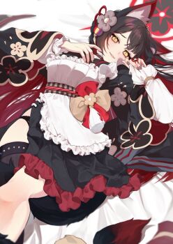 Rule 34 | 1girl, alternate costume, animal ears, apron, between legs, black hair, black kimono, black panties, blue archive, blush, colored inner hair, fake animal ears, floral print, floral print kimono, fox ears, fox girl, fox tail, halo, highres, japanese clothes, kimono, long hair, maid apron, mashiro io, multicolored hair, open mouth, panties, print kimono, red hair, red halo, side slit, single thighhigh, solo, tail, tail between legs, thighhighs, two-tone hair, underwear, wakamo (blue archive), yellow eyes