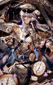 1boy absurdres aiguillette analog_clock belt belt_buckle belt_pouch black_background black_gloves blue_belt blue_gem buckle buttons cael_anselm cael_anselm_(infinite_empire) cape chinese_commentary clock closed_mouth collared_cape collared_jacket commentary_request conductor_baton cowboy_shot earrings empty_picture_frame epaulettes flower gears gem glint gloves hair_between_eyes hand_up hat highres holding_baton jacket jewelry light_particles lishi817 long_hair long_hair_between_eyes long_sleeves looking_at_viewer loosely_tucked_bangs lovebrush_chronicles male_focus military_hat military_uniform open_hand pants peaked_cap pendant picture_frame pocket_watch pouch purple_eyes purple_flower purple_gem sam_browne_belt side_cape smile solo standing straight-on tassel watch white_cape white_hair white_hat white_jacket white_pants