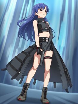 Rule 34 | 1girl, absurdres, asymmetrical gloves, blue hair, boots, brown eyes, closed mouth, commentary request, commission, fingerless gloves, floating hair, full body, gloves, grey boots, gun, handgun, highres, holding, holding gun, holding weapon, idolmaster, idolmaster (classic), idolmaster million live!, idolmaster million live! theater days, kisaragi chihaya, light frown, long hair, midriff, milliani, navel, official alternate costume, overskirt, pixiv commission, sleeveless, solo, standing, uneven gloves, weapon