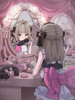 1girl back_bow black_gloves bottle bow brown_hair commentary_request cosmetics debitto_(makaino_ririmu) frills gloves hair_bow hair_intakes highres indoors lipgloss long_hair looking_at_mirror looking_at_reflection makaino_ririmu makeup makeup_brush makeup_palette marquee_lights minao_omina mirror multicolored_hair nijisanji nijisanji_idol_uniform official_alternate_costume outline perfume_bottle pink_eyes pointy_ears sleeveless solo table tiara two-tone_hair vanity_table virtual_youtuber white_outline wrist_cuffs