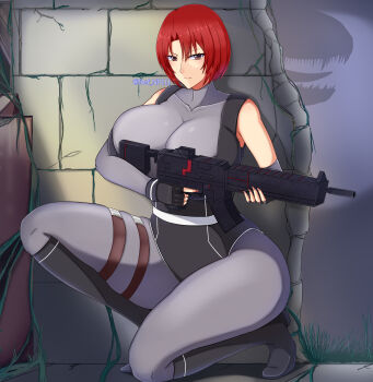 1girl absurdres black_gloves black_leotard blush bodysuit breasts brown_eyes cleavage closed_mouth curvy dino_crisis dinosaur elbow_gloves fingerless_gloves full_body gloves gun highres huge_breasts leotard looking_at_viewer machine_gun red_hair ref_np111 regina_(dino_crisis) short_hair skin_tight solo thick_thighs thighs turtleneck weapon wide_hips