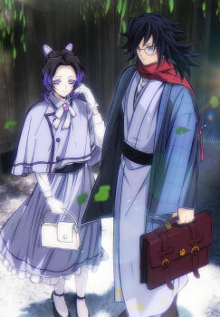 Rule 34 | 1boy, 1girl, absurdres, alternate costume, black hair, black shoes, blue eyes, blue haori, bow, bowtie, briefcase, brown bag, butterfly hair ornament, capelet, falling leaves, gem, glasses, gloves, grey kimono, hair ornament, hand in own hair, haori, highres, holding, holding briefcase, japanese clothes, kimetsu no yaiba, kimono, kochou shinobu, leaf, long hair, niku (ni23ku), pantyhose, parted bangs, purple capelet, purple eyes, purple gemstone, purple hair, purple skirt, red scarf, round eyewear, scarf, shirt, shoes, sidelocks, skirt, tomioka giyuu, twitter username, updo, white bag, white bow, white bowtie, white gloves, white pantyhose, white shirt