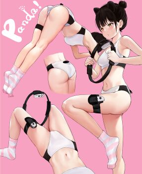 1girl ass breasts brown_eyes buruma double_bun exercising hair_bun highres joy-con midriff navel ring-con ring_fit_adventure small_breasts socks sports_bra sportswear striped_clothes striped_socks sweat two-tone_sports_bra white_buruma wuguno_ziran_juan