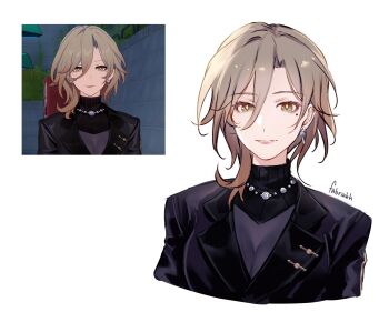 Rule 34 | 1girl, absurdres, black shirt, black vest, breasts, brown hair, cleavage, commentary, earrings, fabriahh, game screenshot inset, highres, honkai: star rail, honkai (series), jewelry, kuchiba (honkai: star rail), large breasts, multicolored eyes, necklace, pearl necklace, reference inset, screenshot inset, shirt, short hair, simple background, smile, solo, turtleneck, turtleneck shirt, two-tone eyes, vest, white background