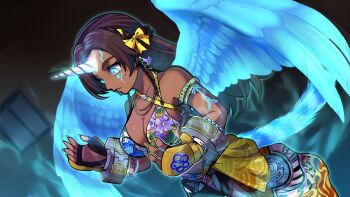 1girl blue_eyes blue_wings braid breasts brown_hair commentary_request cuffs fingerless_gloves floral_bikini gloves glowing glowing_tail glowing_tattoo glowing_wings horns kotorai large_breasts lemur_tail long_hair miary_zo official_art parted_lips shackles single_horn solo tan tattoo tekken tekken_8 window wings