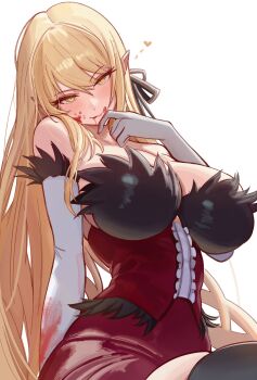 Rule 34 | 0nineo9, 1girl, absurdres, bare shoulders, blonde hair, blood, blood on clothes, blood on face, breasts, cleavage, commentary, dress, elbow gloves, english commentary, gloves, heart, highres, huge breasts, impossible clothes, kiss-shot acerola-orion heart-under-blade, licking lips, long hair, looking at viewer, monogatari (series), oshino shinobu, pointy ears, red dress, solo, strapless, strapless dress, tongue, tongue out, vampire, very long hair, white gloves, yellow eyes