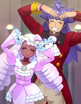 1boy 1girl :d arms_up ascot blurry blurry_background buttons closed_eyes collarbone commentary_request dark-skinned_female dark_skin dress dynamax_band eyelashes facial_hair facing_viewer gloves grin highres jacinthe_(pokemon) jacket leon_(pokemon) long_hair long_sleeves matatabi_yoshizou nintendo open_mouth pants pokemon pokemon_legends:_z-a pokemon_swsh purple_hair red_jacket smile tailcoat teeth twintails upper_teeth_only white_ascot white_gloves