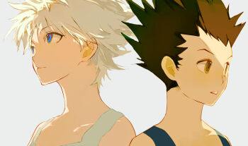 Rule 34 | 2boys, black hair, blue eyes, brown eyes, closed mouth, gon freecss, hashtag-only commentary, highres, hunter x hunter, killua zoldyck, male focus, multiple boys, parted lips, short hair, shru (ss sl99), spiked hair, tank top, white hair