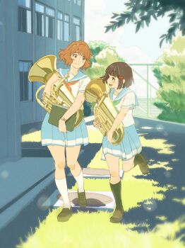 Rule 34 | 2girls, 55bata6rou, black hair, black socks, blue sailor collar, blue skirt, brown eyes, brown hair, closed mouth, day, full body, grass, green neckerchief, hibike! euphonium, highres, hisaishi kanade, holding, holding instrument, instrument, kitauji high school uniform, loafers, looking at another, multiple girls, neckerchief, open mouth, oumae kumiko, outdoors, pleated skirt, red neckerchief, sailor collar, school, school uniform, shirt, shoes, short hair, short sleeves, skirt, smile, socks, standing, summer, summer uniform, tree, tuba, walking, white shirt, white socks