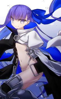 1girl armored_boots black_jacket blue_eyes blue_ribbon boots breasts commentary_request cropped_jacket fate/grand_order fate_(series) hair_ribbon highres jacket long_hair long_sleeves looking_at_viewer meltryllis_(fate) meltryllis_(second_ascension)_(fate) navel prosthesis prosthetic_leg purple_hair ribbon sleeves_past_fingers sleeves_past_wrists small_breasts smile solo split-color_clothes very_long_hair white_jacket yubeshi_(zecxl)
