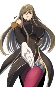 1girl bare_shoulders blue_eyes breasts brown_dress brown_hair brown_sleeves commentary_request covered_navel cowboy_shot detached_sleeves dress garter_straps gloves hair_between_eyes highres knife large_breasts long_hair looking_at_viewer open_mouth purple_thighhighs sidelocks signature sleeveless sleeveless_dress solo tales_of_(series) tales_of_the_abyss tear_grants thighhighs wakachi white_background white_gloves