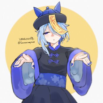 Rule 34 | 1girl, animal ears, black dress, blue eyes, blue hair, blue nails, blue sash, blush, breasts, chinese clothes, commentary request, dress, ear covers, hair between eyes, hat, hat with ears, highres, horse ears, horse girl, jiangshi, jiangshi costume, k.s.miracle (umamusume), long sleeves, looking at viewer, ofuda, parted lips, qingdai guanmao, saramiao-chan, sash, short hair, solo, talisman, umamusume