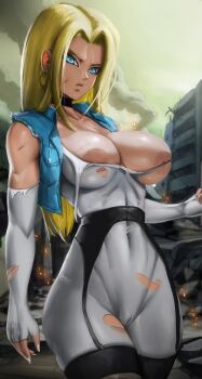 1girl absurdres alternate_costume alternate_hairstyle android_18 areola_slip beauty_and_the_beast_unit blonde_hair blue_eyes bodysuit breasts building city cosplay debris destruction dragon_ball dragonball_z earrings elite_nappa fingernails highres jewelry large_breasts lips long_hair looking_at_viewer metal_gear_(series) metal_gear_solid_4:_guns_of_the_patriots nails nipples serious sharp_fingernails super_android_18 torn_clothes veins vest