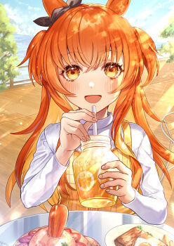 Rule 34 | 1girl, animal ears, blue sky, blush, bow, brown ribbon, carrot, commentary request, cup, dress, drinking straw, ear ribbon, food, hair between eyes, highres, holding, holding cup, horse ears, horse girl, long hair, long sleeves, looking at viewer, mayano top gun (casual) (umamusume), mayano top gun (umamusume), open mouth, orange eyes, orange hair, outdoors, plaid clothes, plaid dress, ribbon, sanbon hijiki, shirt, sky, sleeveless, sleeveless dress, smile, solo, table, two side up, umamusume, vest, white shirt, yellow vest