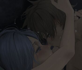 1boy 1girl aqua_(konosuba) blue_eyes blue_hair blush brown_hair from_side hetero implied_sex izawa_(bhive003) kono_subarashii_sekai_ni_shukufuku_wo! long_hair paid_reward_available profile saliva saliva_trail satou_kazuma sex short_hair teeth trembling upper_body