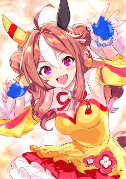 1girl ahoge animal_ears blue_gloves blush breasts brown_hair copano_rickey_(umamusume) copano_rickey_(yin-yang_bagua_lucky_costume)_(umamusume) double_bun dress ear_covers ear_ornament fang gloves hair_between_eyes hair_bun hair_ornament highres horse_ears horse_girl horse_tail kanon_(flowercanon) long_hair looking_at_viewer medium_breasts multicolored_hair open_mouth purple_eyes single_ear_cover smile solo streaked_hair tail tassel tassel_hair_ornament umamusume white_hair yellow_dress yellow_sleeves