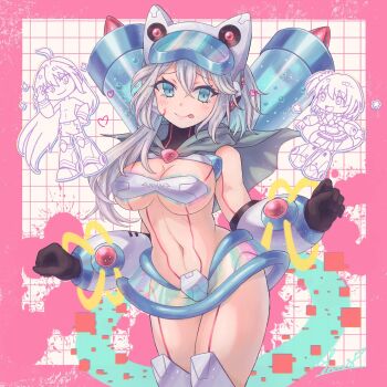 1boy 2girls bikini blue_eyes blush body_markings border breasts chibi chibi_inset cowboy_shot facial_mark goggles goggles_on_head grey_hair highres ico_(megaman_x_dive) large_breasts long_hair mega_man_(series) mega_man_x_(series) mega_man_x_dive multiple_girls pink_border rico_(mega_man) ringed_eyes see-through_clothes see-through_skirt skirt suama-yuki swimsuit tongue tongue_out via_(mega_man) white_bikini