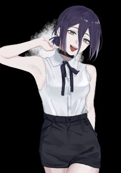 1girl black_background black_choker black_ribbon black_shorts chainsaw_man choker green_eyes grenade_pin hair_between_eyes hair_bun jeod_twst neck_ribbon open_mouth purple_hair reze_(chainsaw_man) ribbon shirt shirt_tucked_in shorts sleeveless sleeveless_shirt solo white_shirt