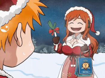 1girl animated animated_gif artist_request bleach bleach:_brave_souls breasts christmas cleavage dress hat inoue_orihime kurosaki_ichigo large_breasts leekspin_(meme) long_hair night orange_hair outdoors santa_costume santa_dress santa_hat smile snow spring_onion sweatdrop