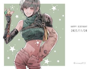 1girl birthday breasts brown_eyes brown_hair commentary_request cowboy_shot cropped_sweater dated elbow_gloves final_fantasy final_fantasy_vii final_fantasy_vii_remake fingerless_gloves gloves green_sweater grin hand_on_own_hip happy_birthday headband holding looking_at_viewer materia medium_breasts midriff navel nnnmmg0725 open_fly ribbed_sweater short_hair shorts single_arm_guard single_shoulder_pad sleeveless sleeveless_turtleneck smile solo star_(symbol) sweater turtleneck turtleneck_sweater twitter_username yuffie_kisaragi