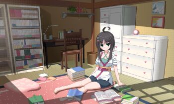 1girl :d ^_^ ahoge ahoge_wag animated animated_gif arms_at_sides barefoot black_hair black_shorts blinking blush_stickers book bookshelf carpet chair chinese_commentary closed_eyes closed_mouth collarbone commentary_request criss-cross_halter drooling expressive_hair facing_viewer full_body green_eyes green_shirt hair_ornament hairclip halterneck hand_up happy heart highres hitachi_mako indoors japanese_clothes kimono knees_together_feet_apart looking_at_viewer looping_animation motion_lines mouth_drool on_floor open_book open_mouth outstretched_hand pixel_art senren_banka shirt short_hair_with_long_locks shorts sitting sleeves_rolled_up smile solo split_mouth straight_hair stuffed_animal stuffed_toy teddy_bear user_vzft2578 waving white_kimono x_hair_ornament