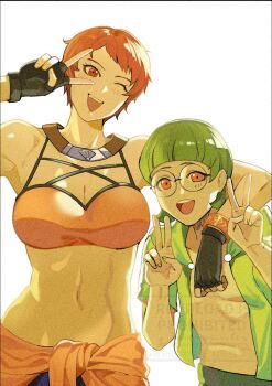 1boy 1girl ;d arm_around_neck bare_arms bare_shoulders bikini breasts double_v fingerless_gloves fire_emblem fire_emblem:_three_houses fire_emblem_heroes glasses gloves highres ignatz_victor large_breasts leonie_pinelli leonie_pinelli_(summer) looking_at_viewer navel nintendo one_eye_closed open_mouth orange_bikini orange_eyes orange_hair smile swimsuit v yusi_vishnu