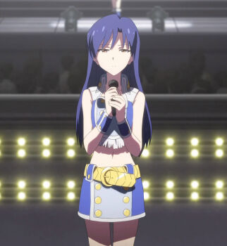1girl audience belt blue_hair brown_eyes female_focus highres idolmaster idolmaster_(classic) kisaragi_chihaya microphone performance skirt solo stage standing