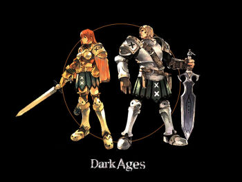 1boy 1girl armor armored_boots belt black_background boots breastplate copyright_name dark_ages_(mmorpg) gloves greatsword hand_on_own_hip holding holding_sword holding_weapon knee_pads knight leather leather_gloves looking_at_viewer looking_to_the_side official_art official_wallpaper red_hair short_hair shoulder_armor simple_background sword weapon