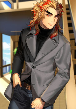 1boy alternate_costume belt belt_buckle black_sweater blonde_hair blue_pants blurry blurry_background brown_belt buckle closed_mouth coat commentary_request contemporary cowboy_shot day denim depth_of_field forked_eyebrows grey_coat hand_in_pocket hashimoto_(yanagi-momo) jeans kimetsu_no_yaiba long_hair long_sleeves looking_at_viewer male_focus multicolored_eyes multicolored_hair outdoors pants red_eyes red_hair rengoku_kyoujurou sidelocks smile solo standing streaked_hair sweater thick_eyebrows turtleneck turtleneck_sweater two-tone_hair watch wristwatch yellow_eyes
