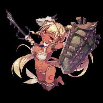 1girl arm_up armpits bikini black_background blonde_hair blush bodypaint breasts cleavage dark-skinned_female dark_skin facepaint fingerless_gloves from_above full_body gloves hair_between_eyes hair_ribbon highres holding holding_shield holding_sword holding_weapon large_breasts long_hair looking_at_viewer low-tied_sidelocks mask mask_on_head maxilla_(merc_storia) merc_storia merc_storia_art_team navel official_art open_mouth ponytail red_eyes ribbon shield sidelocks simple_background smile solo swimsuit sword tachi-e thighs v-shaped_eyebrows very_long_hair weapon white_bikini white_gloves