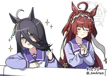 Rule 34 | 2girls, ahoge, black hair, blunt bangs, bow, bowtie, brown hair, closed eyes, closed mouth, commentary request, crossed bangs, ear ornament, ear tag, earrings, frilled hairband, frills, furrowed brow, hair between eyes, hairband, hands up, highres, jewelry, kimihitsuji, long hair, long hair between eyes, long sleeves, manhattan cafe (umamusume), meme, multicolored hair, multiple girls, own hands clasped, own hands together, pointing, pointing at another, praying, purple sailor collar, purple shirt, red desire (umamusume), red hairband, sailor collar, school uniform, shirt, simple background, single earring, smile, smug inori (meme), split mouth, star (symbol), thumbs up, tracen school uniform, translation request, twitter username, umamusume, very long hair, watermark, white background, white bow, white bowtie, white hair, yellow eyes